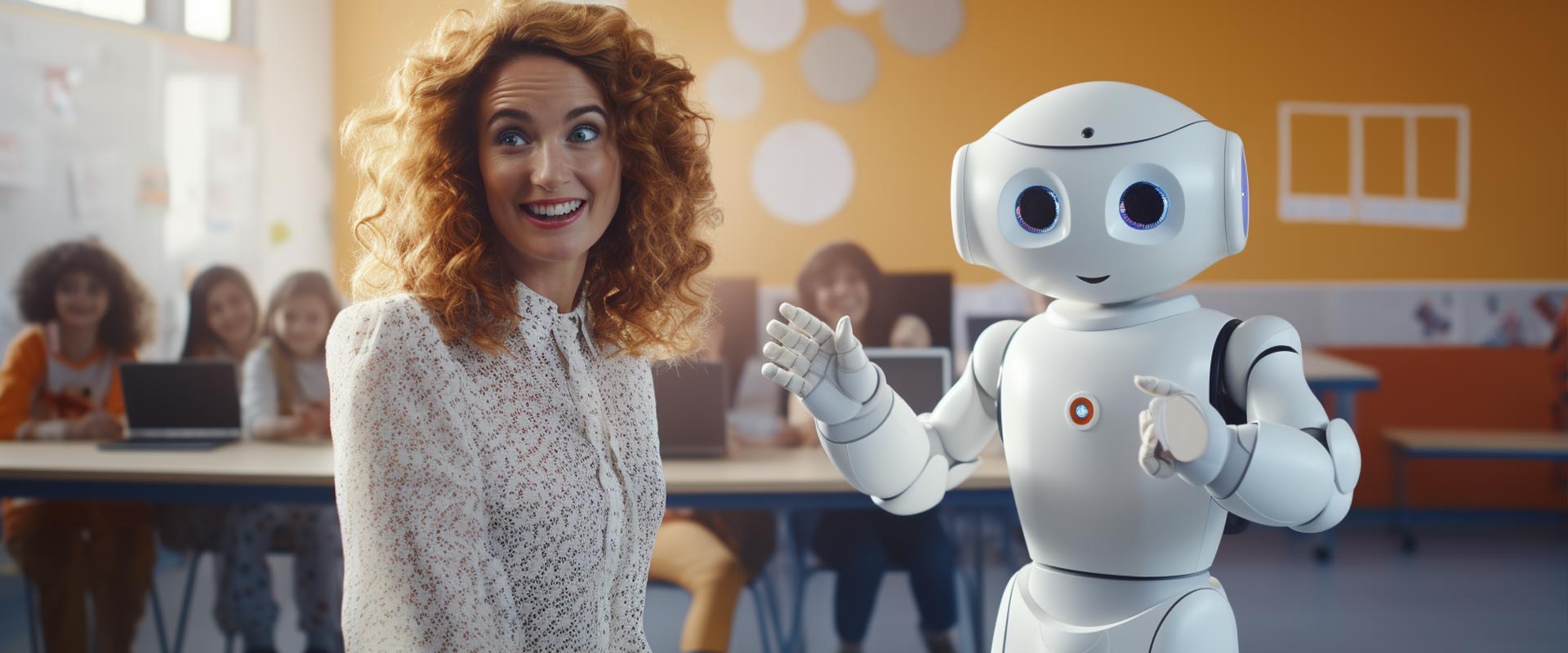 gmki.org - ein freundlicher Roboter steht mit einer froehlichen Lehrerin im Klassenzimmer
