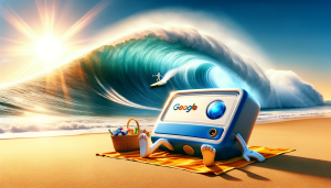 Google sitzt am Srtrand und wird von Welle mit KI Suchmaschine ueberrollt